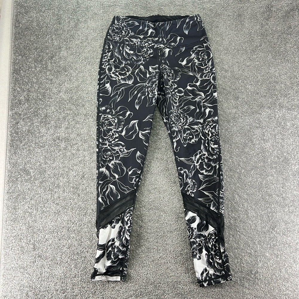 Ideology Pull On Leggings Pants Black White Floral Womens XS Mid Rise Active